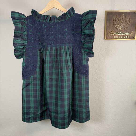Women's J.Marie Green and Blue Plaid Embroidered Ruffle Sleeve Blouse Size S NEW - Picture 7 of 10
